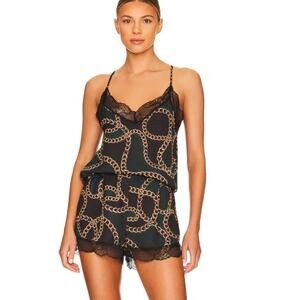 Plush Apparel Revolve Satin Pajama Set NWT Green Chain Link Lace Cami Shorts M